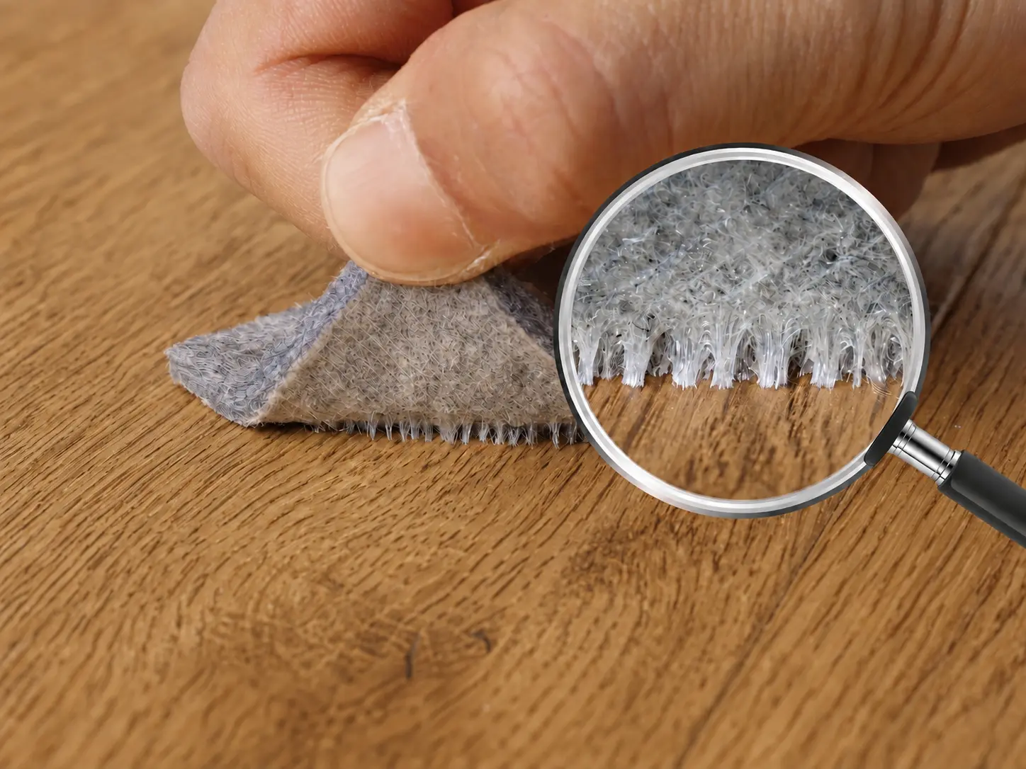 Close-up demonstration of a Feltease pad being peeled from wood with the reinforced adhesive detail magnified