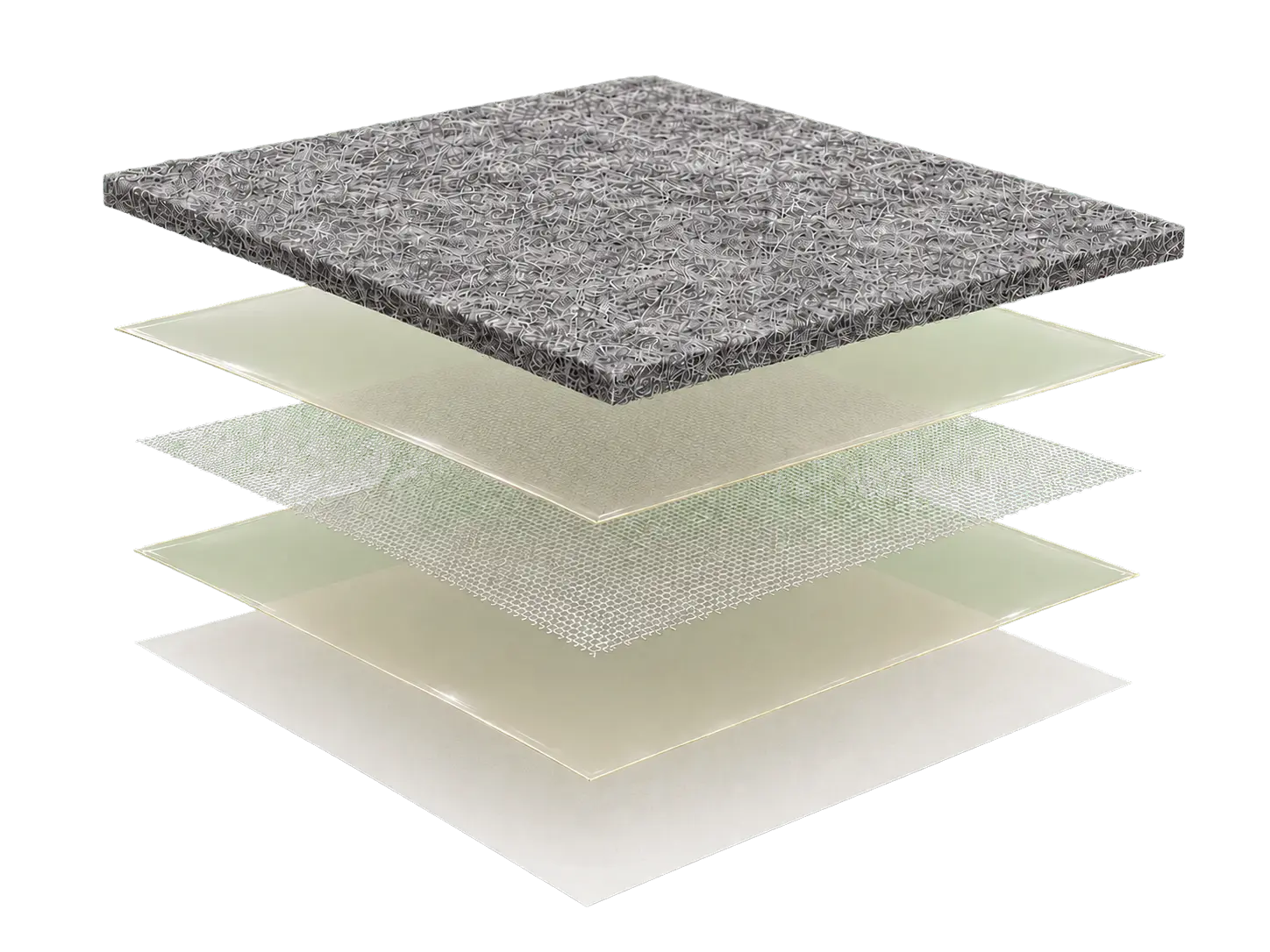 Exploded view of Feltease felt, two adhesive layers, reinforcement mesh and release liner
